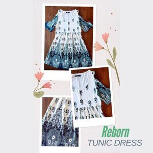 Reborn Women Tunic Dress Floral Cream & Blue Size S